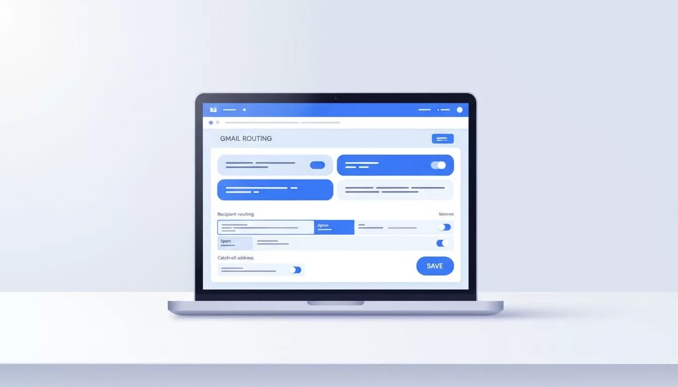 Laptop on simple desk displays Google Workspace admin console open to Gmail routing settings page.