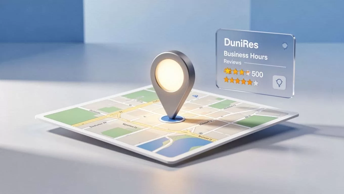 Abstract map pin centered with surrounding info panel showing hours and reviews in soft blues, whites, and grays.