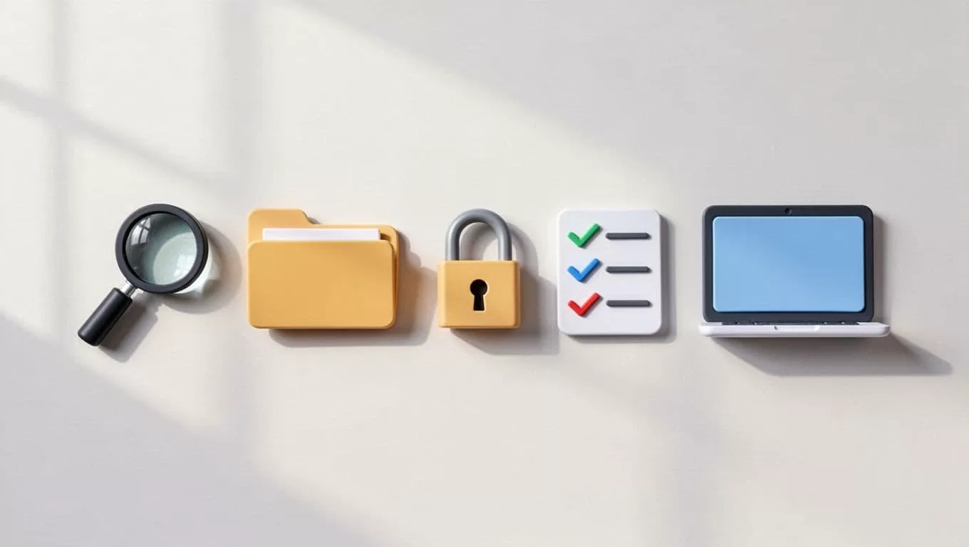 Abstract icons of magnifying glass, locked folder, checklist, and laptop in sequence on light background.