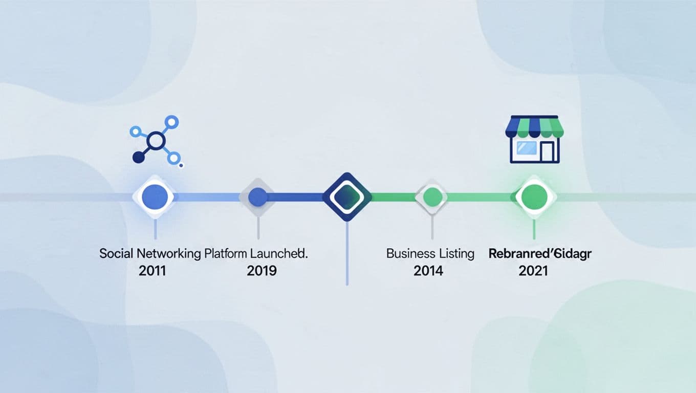 Timeline graphic showing Google+ 2011 launch to 2019 shutdown and Google My Business 2014 launch to 2021 rebrand.