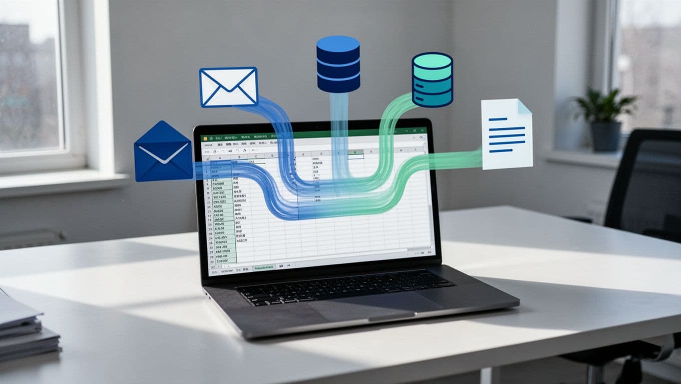 Data from email, CRM, and form icons flows into Google Sheets spreadsheet on laptop screen on office desk.