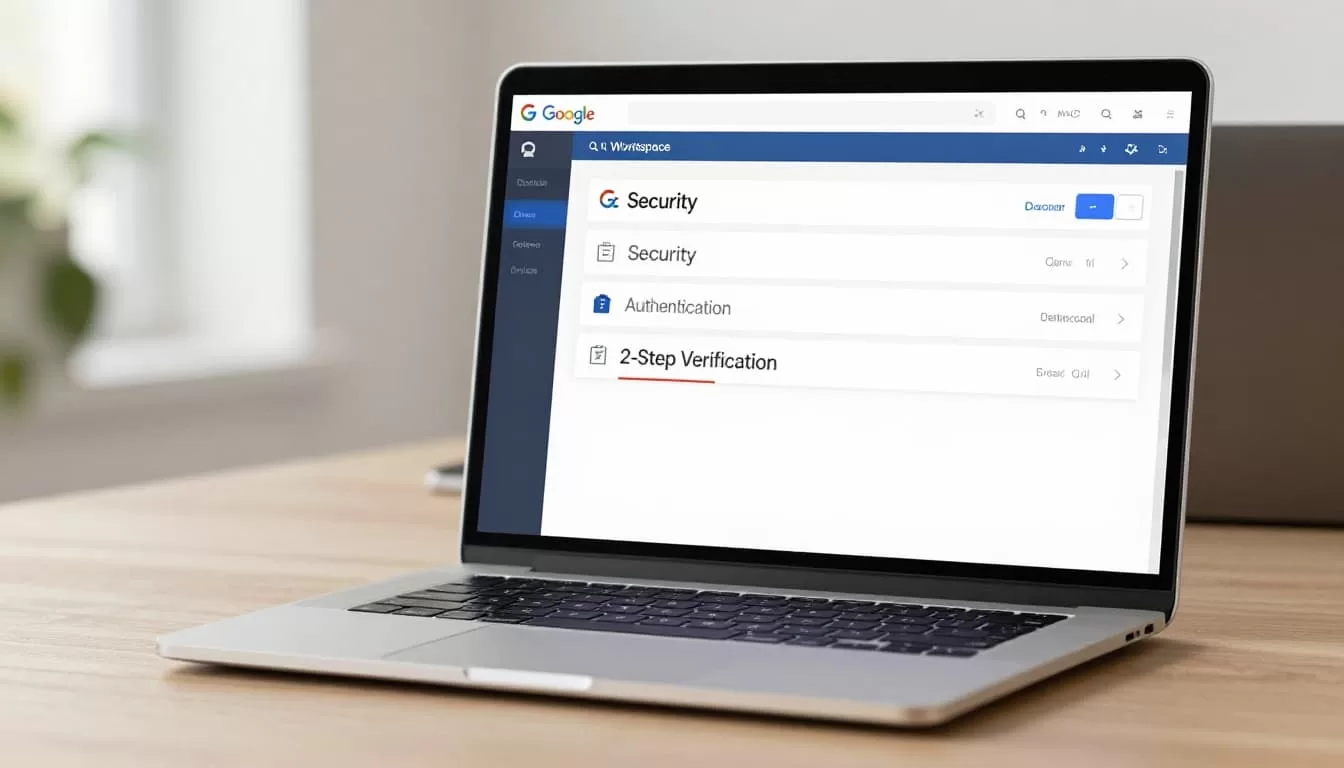 Laptop on desk displays Google Workspace Admin console open to Security section with 2-Step Verification highlighted.