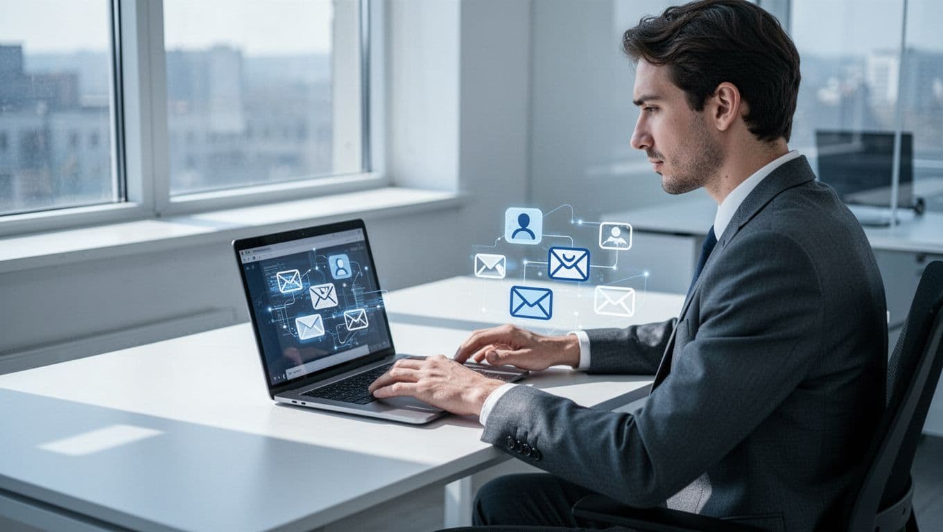 Admin sits at desk with laptop open to Admin console user management section displaying abstract email icons and alias setup.