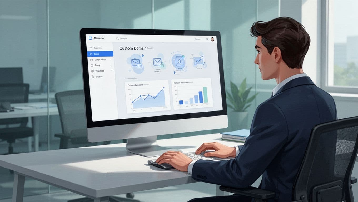 Business admin configures custom domain email in Google Workspace console on office computer.