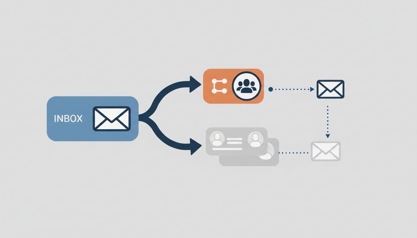 Flowchart diagram with arrows connecting inbox to shared mailboxes and forwards, using envelope and user icons.
