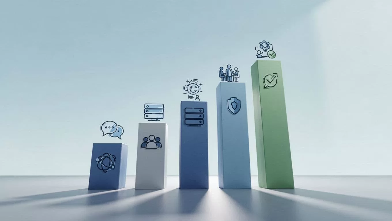 Four ascending pillars depict Google Workspace plans with feature icons, viewed from low angle in blue-green tones.