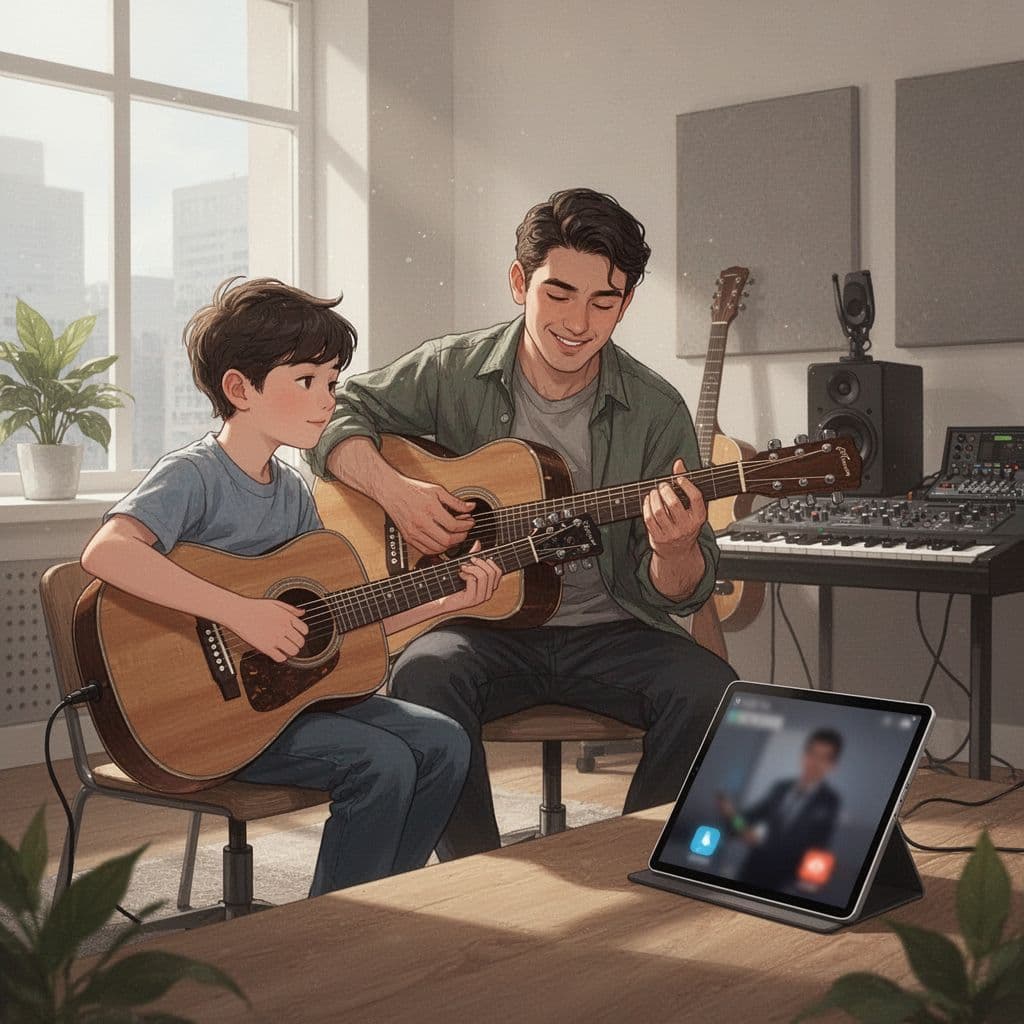 Musician teaches guitar in bright modern studio with blurred foreground tablet showing social feed.