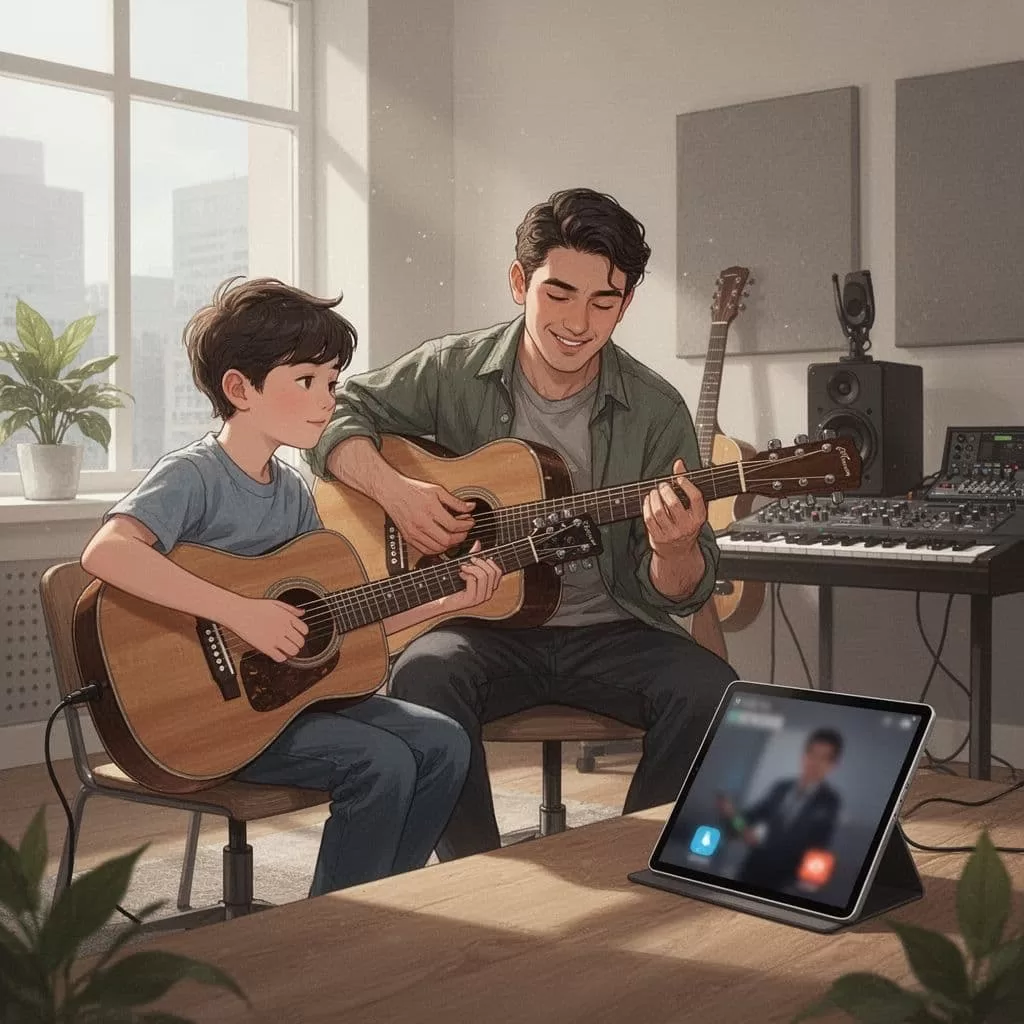 Musician teaches guitar in bright modern studio with blurred foreground tablet showing social feed.