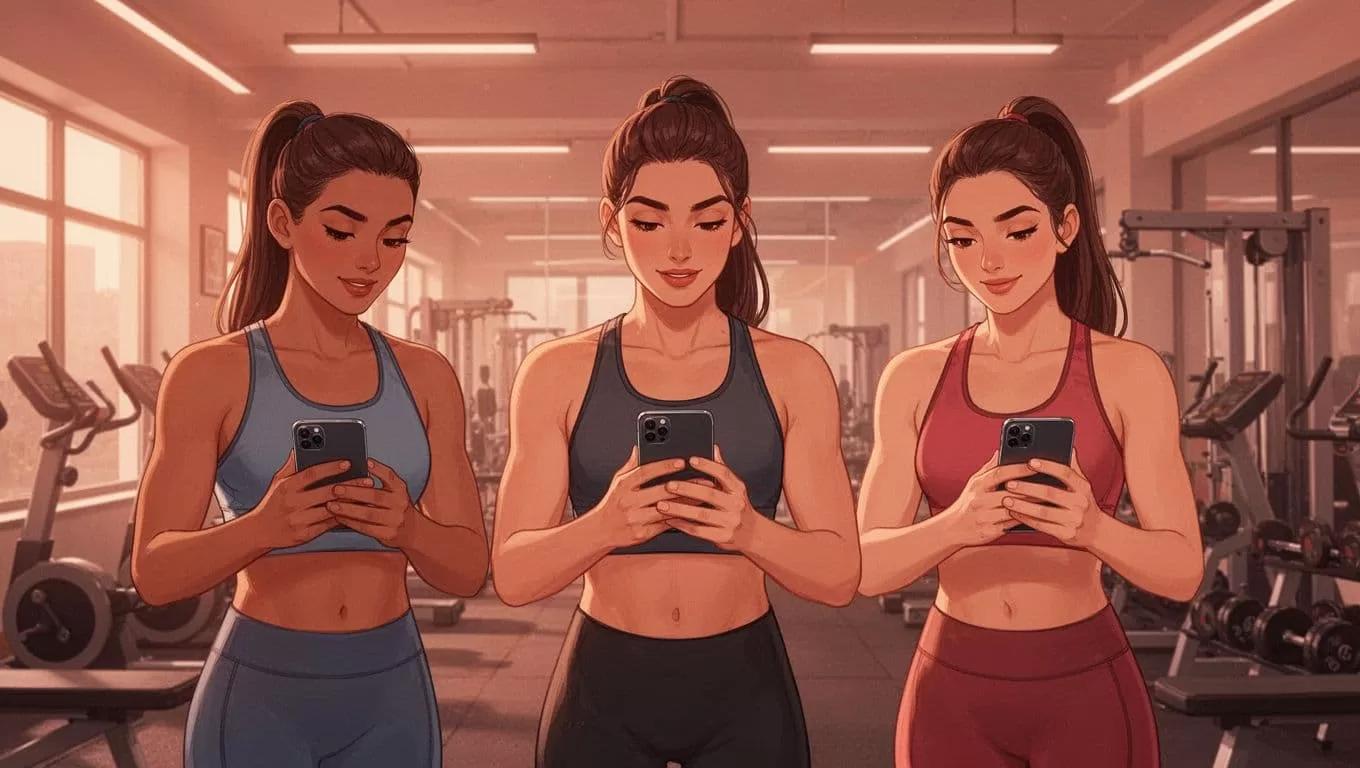 Three people in workout clothes loosely hold phones with thumbs-up check-in chat bubbles in a gym.