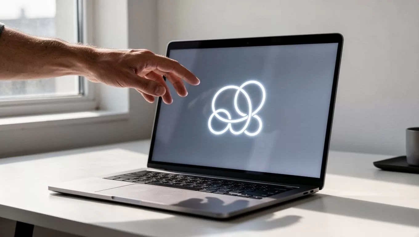 Close-up of hand near computer screen with minimalist browser extension icon.