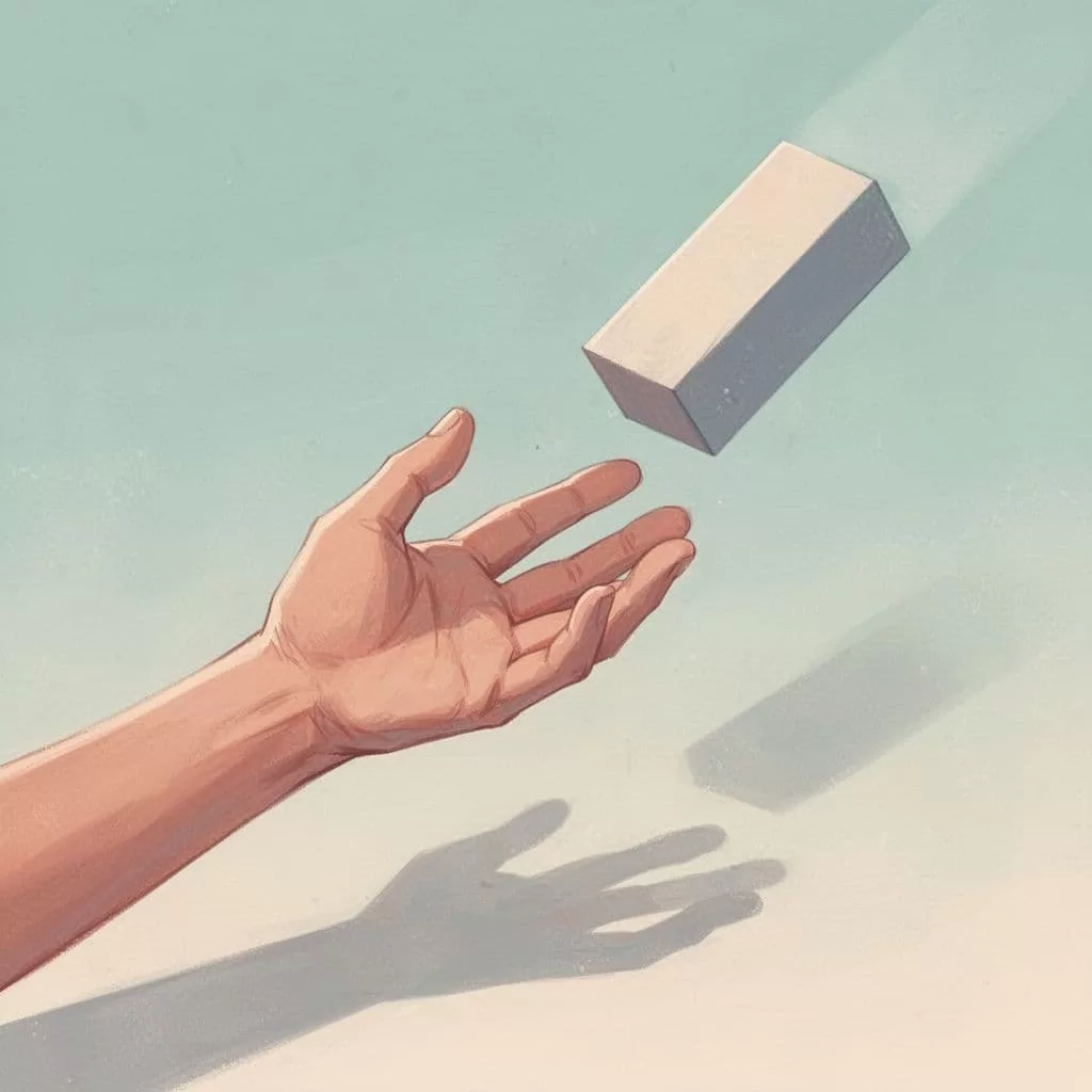 A stylized hand reaches out to secure a single block falling from a structured stack.