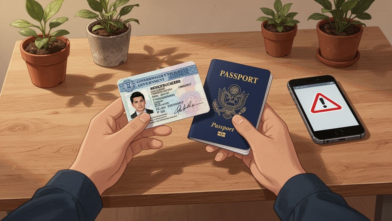 Two hands on wooden desk with plants hold MyKad ID and passport beside blurry phone screen showing upload error.