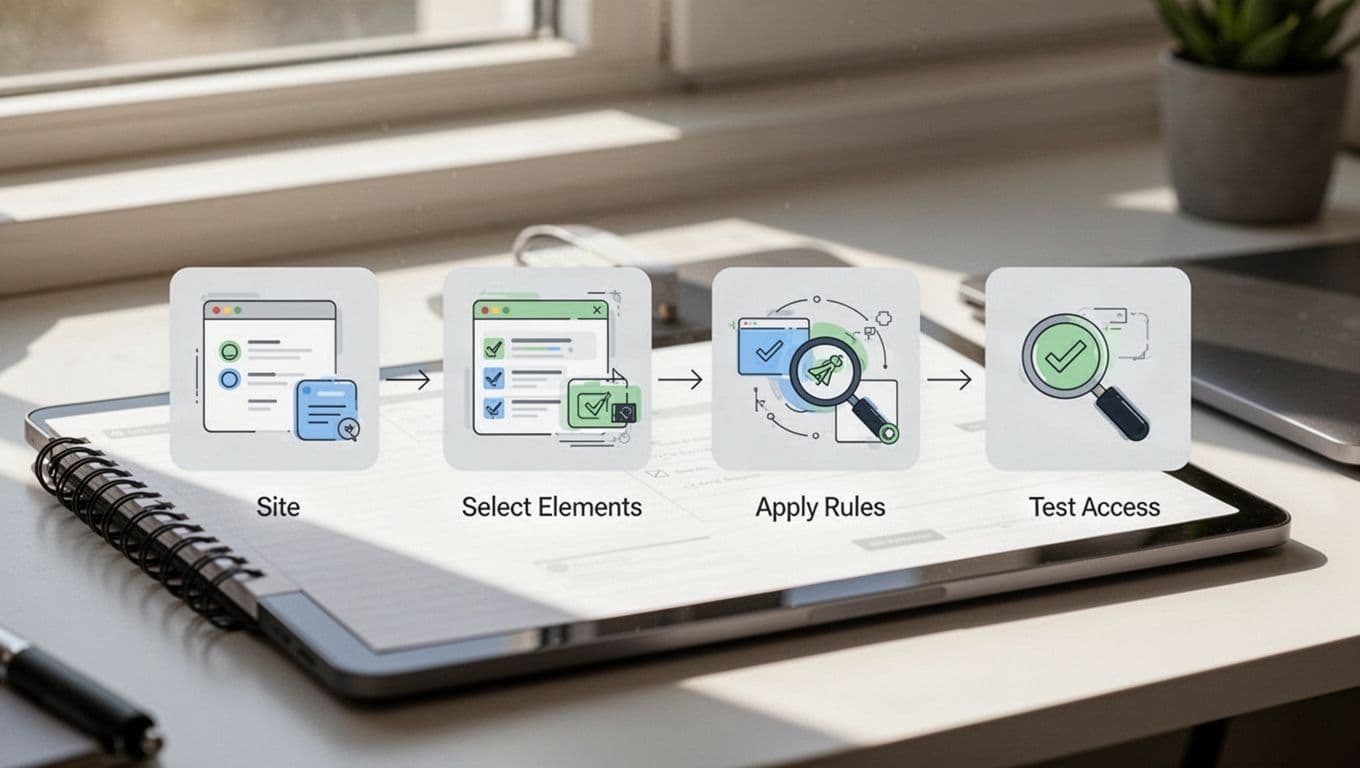 Four icons in horizontal flow on digital notepad depict connect site, select elements, apply rules, test access.