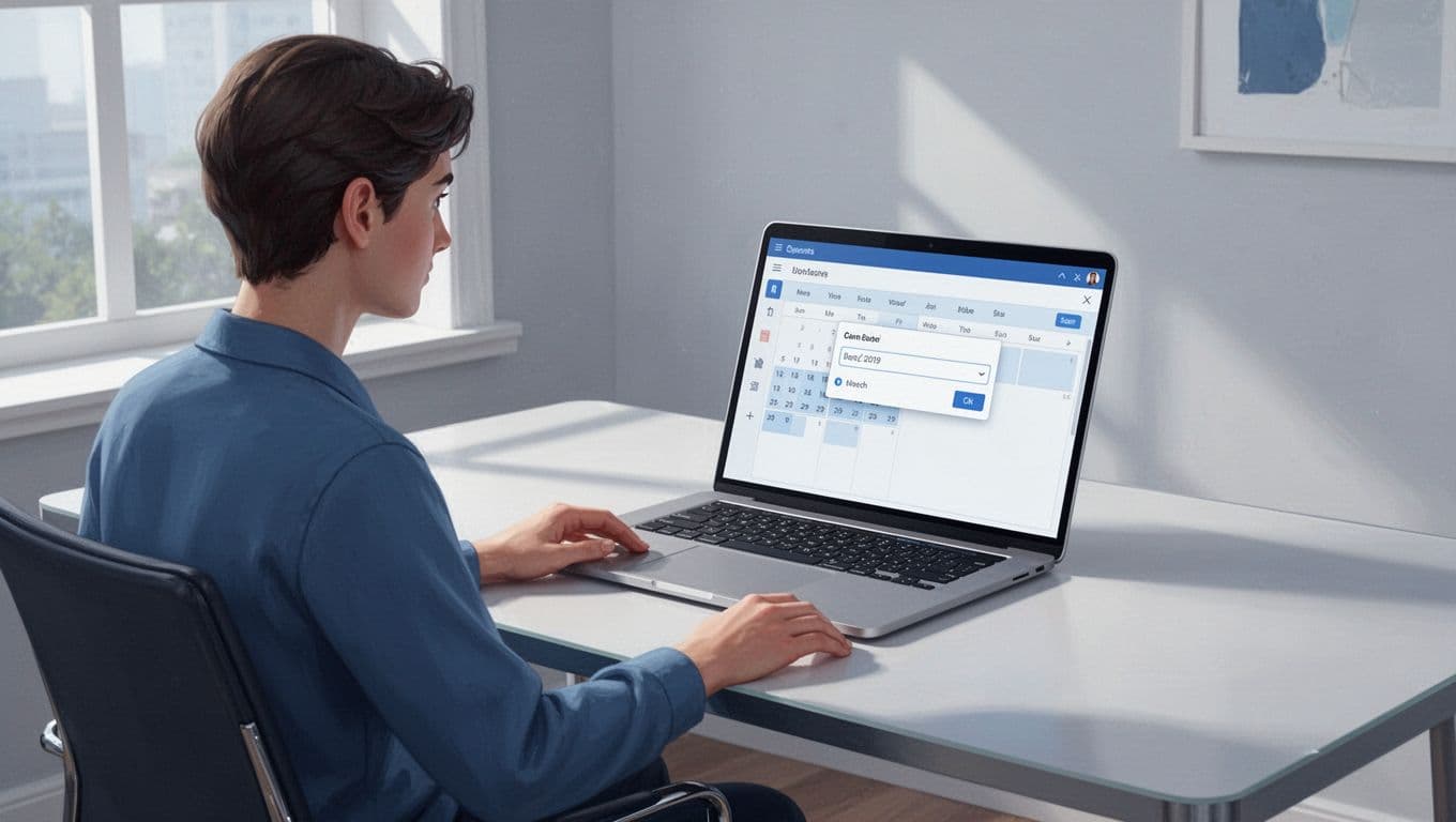 Person at home office desk views laptop screen showing calendar with open event creation modal.