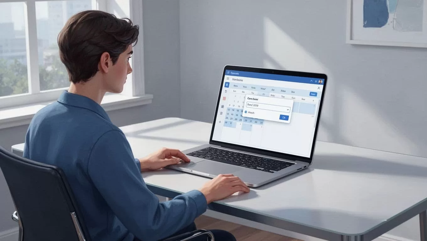 Person at home office desk views laptop screen showing calendar with open event creation modal.