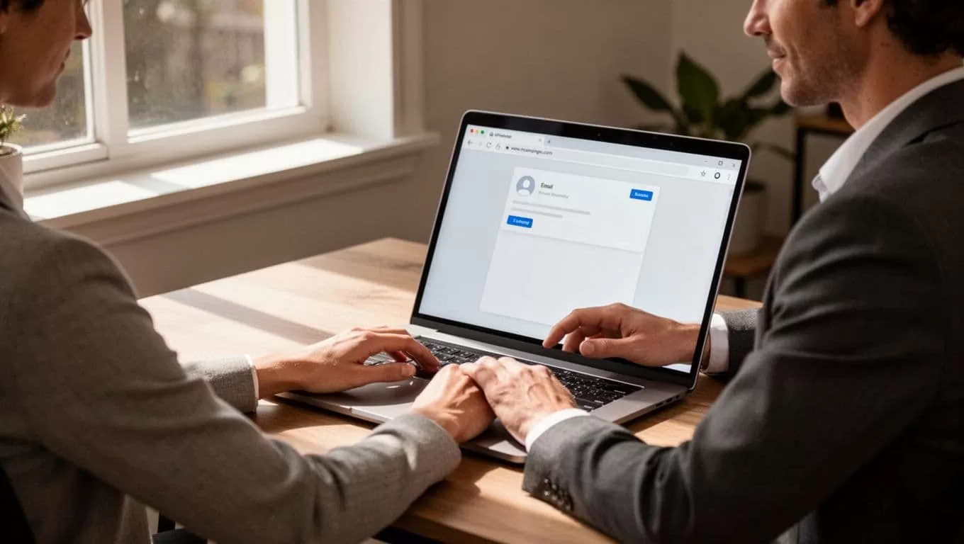 Professional at home office desk composes email on angled laptop screen, hands near keyboard.