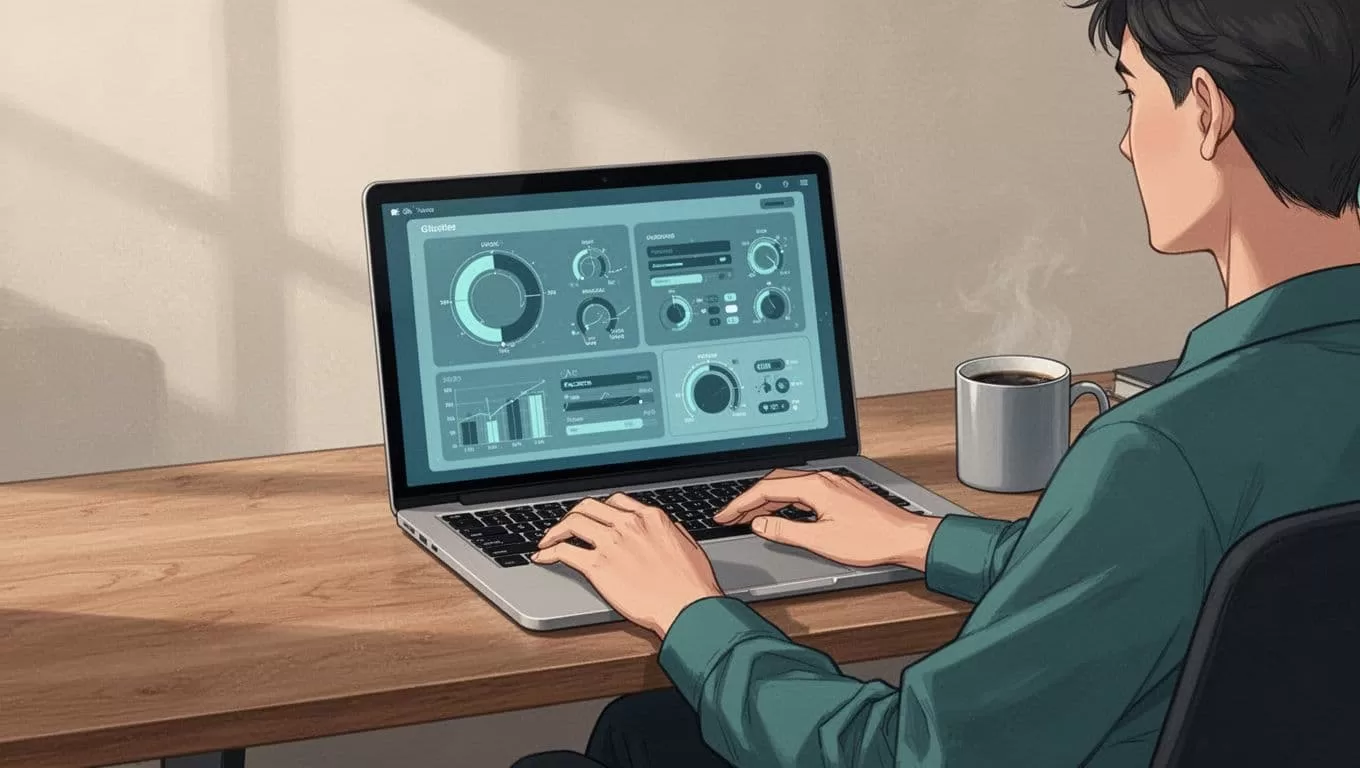 Laptop on wooden desk shows website protection settings; person sits relaxed with hands on keyboard, coffee mug nearby.