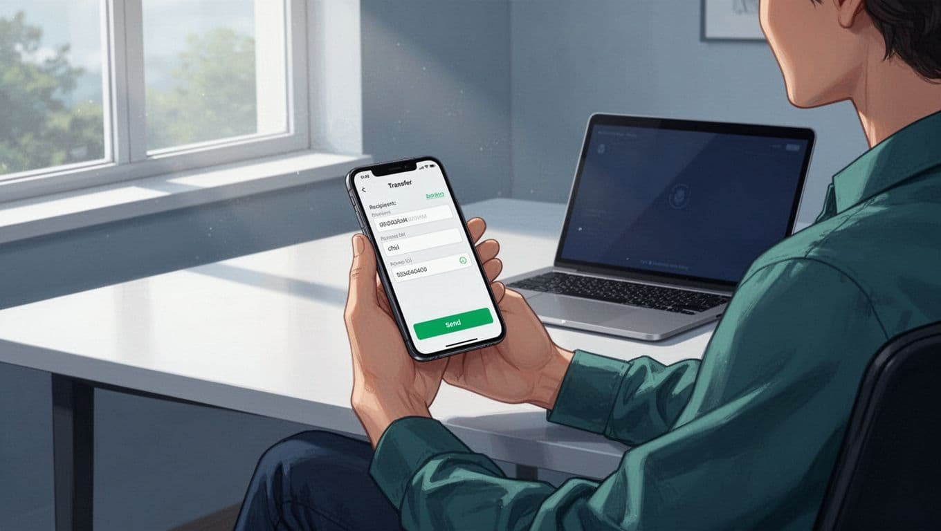 Person in modern home office holds smartphone displaying money transfer app to Pakistan with send button ready.