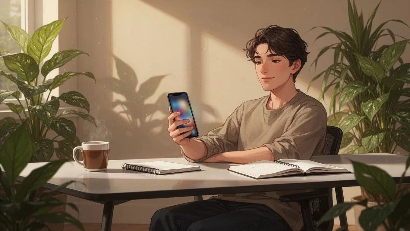Person at modern desk holds smartphone with blurred exchange rate calculator screen, coffee mug and notebook nearby, plants in background.