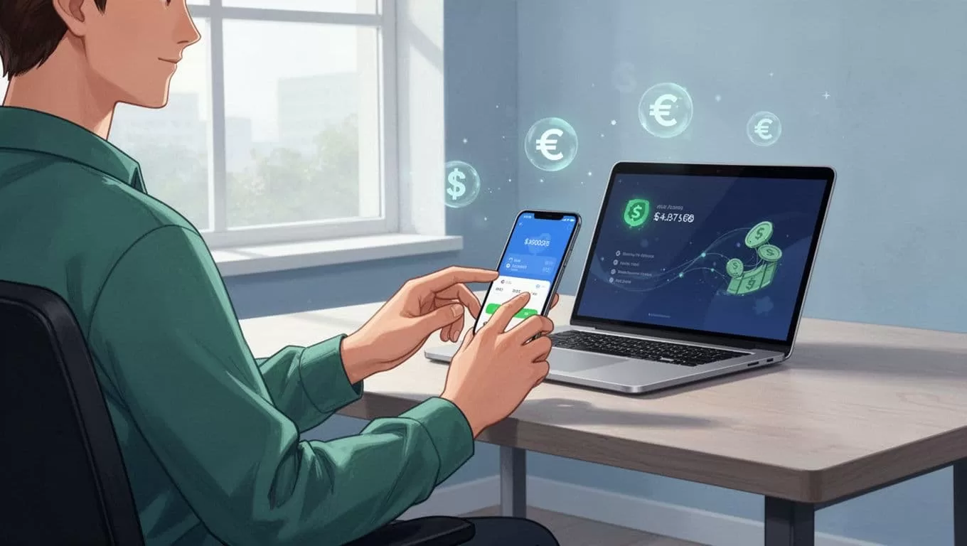 Person at home office desk holds smartphone for money transfer with USD to COP icons, open laptop behind.