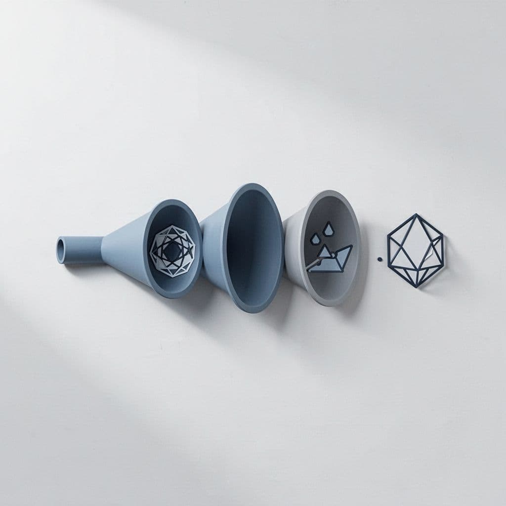 A minimalist horizontal funnel graphic divided into four distinct stages using blue and grey tones.