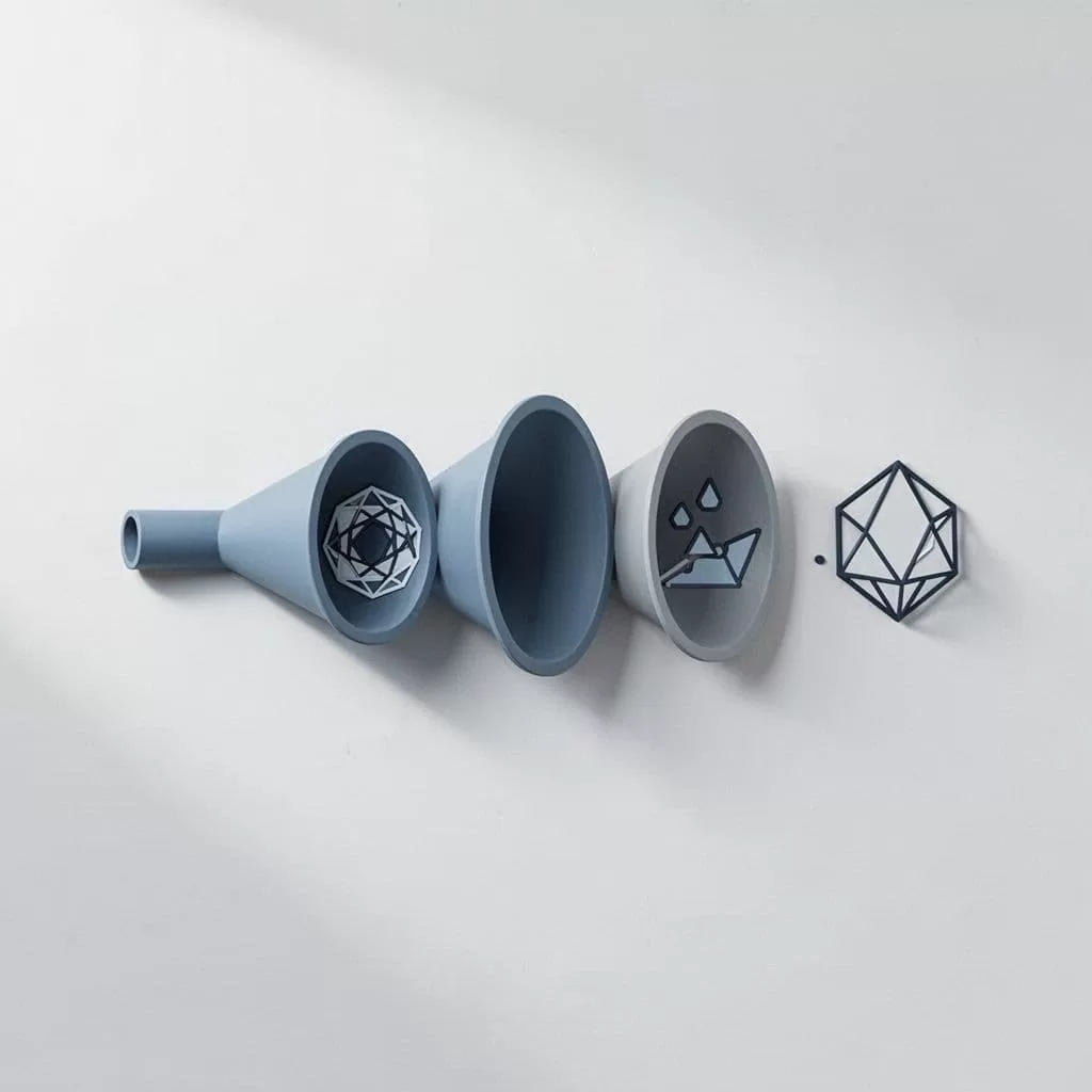 A minimalist horizontal funnel graphic divided into four distinct stages using blue and grey tones.