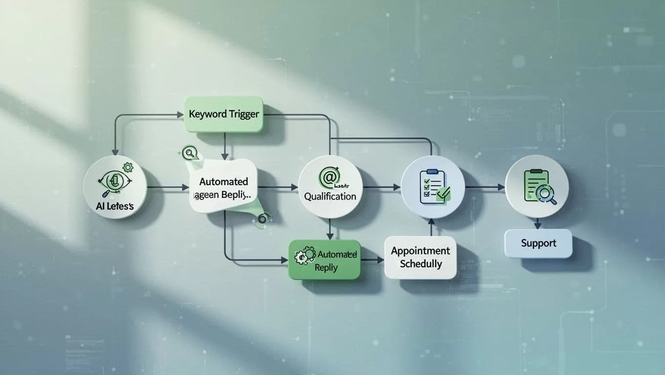 Flowchart illustrates triggers from comment keywords to auto-replies and lead qualification, featuring icons for DMs, booking, and support.