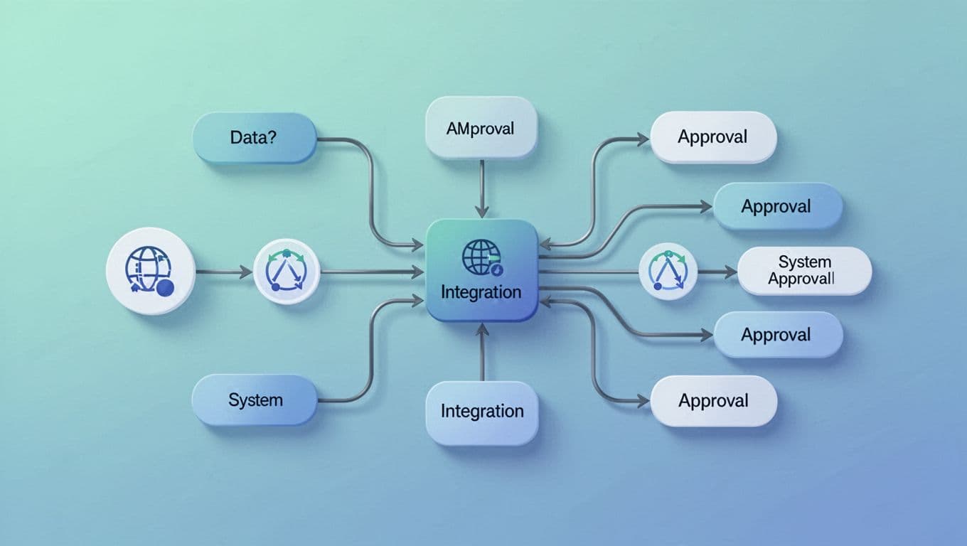 Flat design diagram shows invoice workflow branching to multiple approvers with status indicators ending in ERP integration.