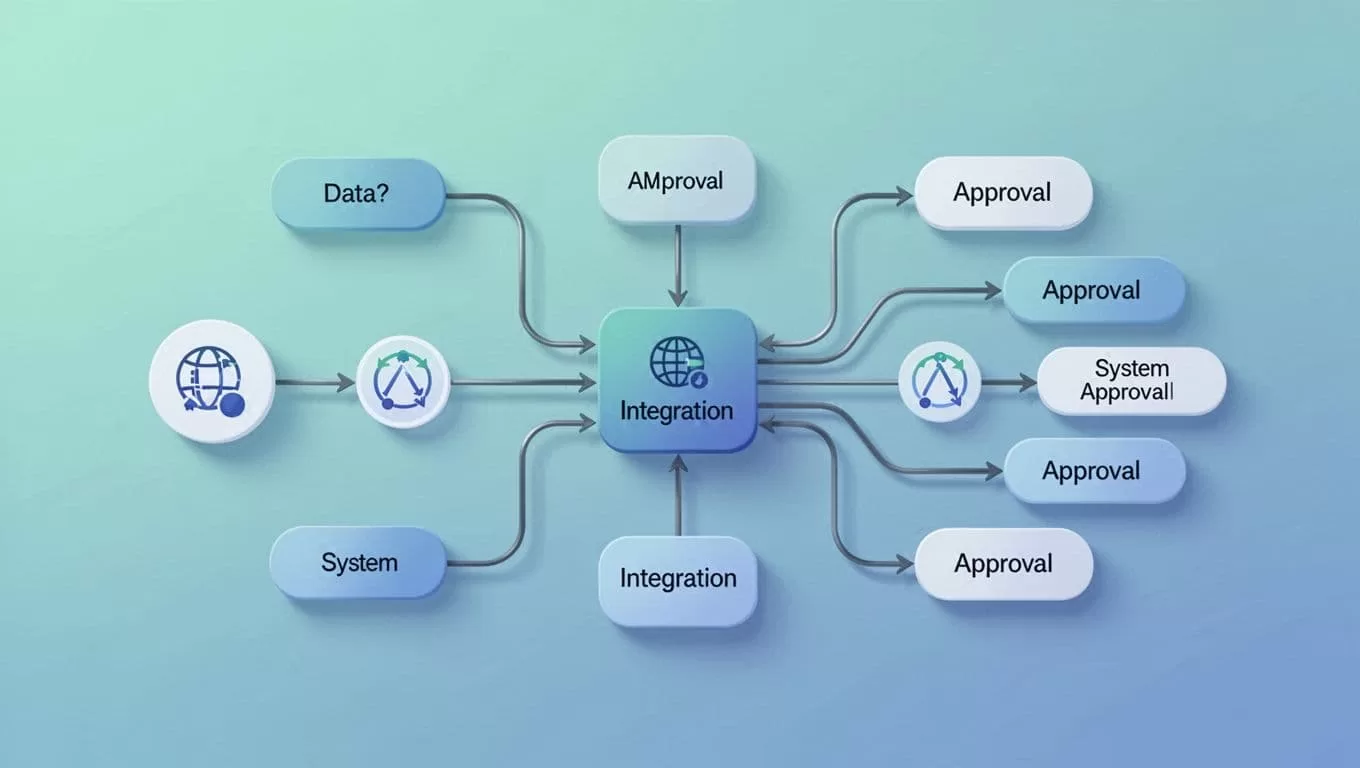 Flat design diagram shows invoice workflow branching to multiple approvers with status indicators ending in ERP integration.