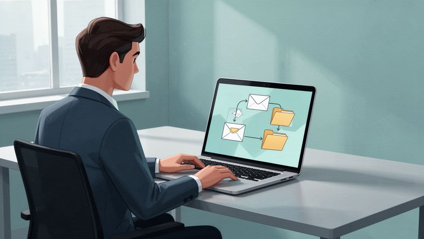 Person at desk views laptop dashboard automating invoice downloads from email to folder.