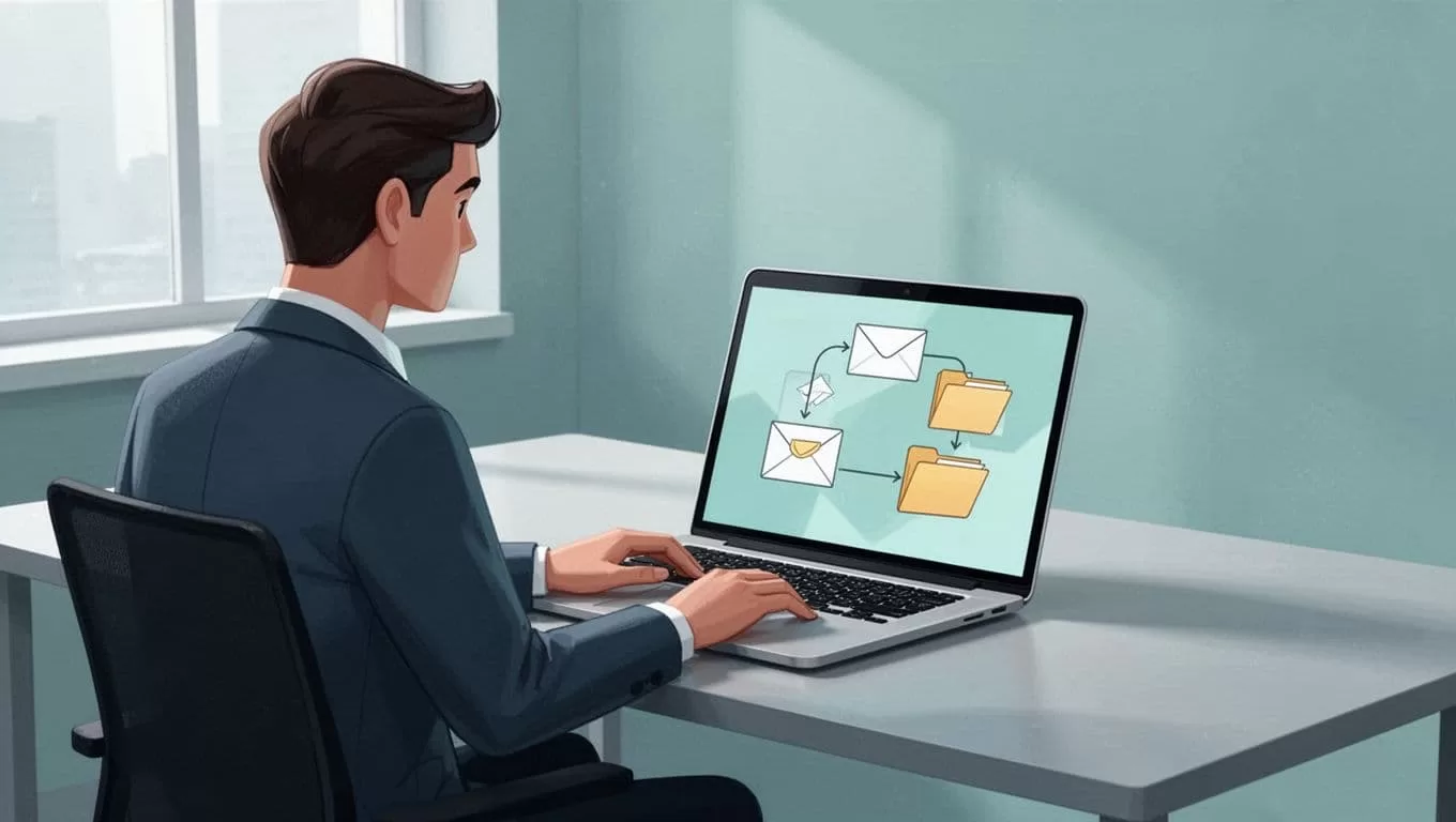 Person at desk views laptop dashboard automating invoice downloads from email to folder.