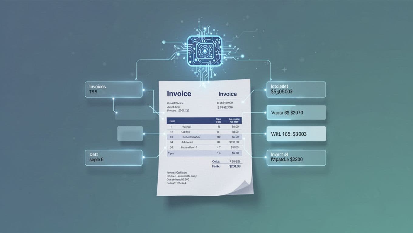 Flat design shows data fields pulled from PDF invoice into structured boxes by scanning icon.