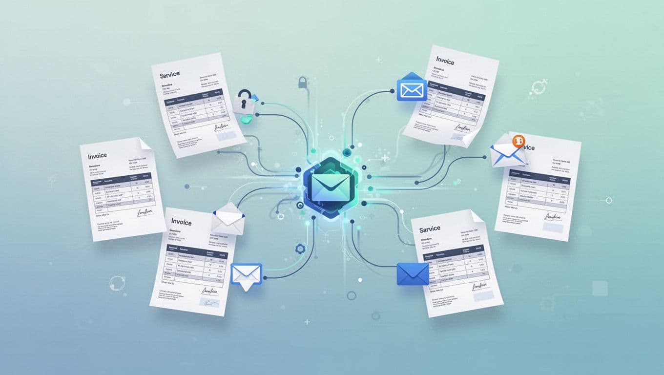 Stream of invoice PDFs and attachments flows from inboxes and uploads into central pipeline hub via arrows.