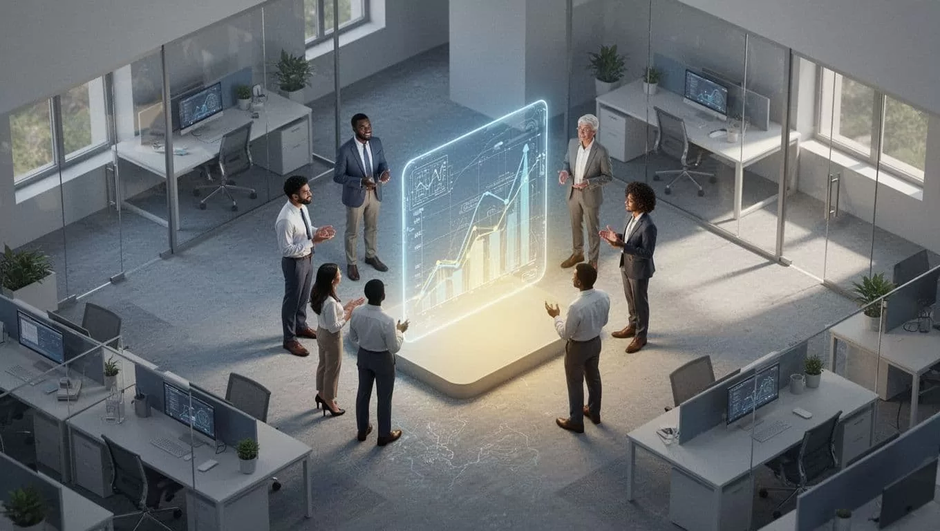 Isometric illustration shows central glowing whiteboard with growth charts surrounded by diverse professionals talking and sharing ideas.