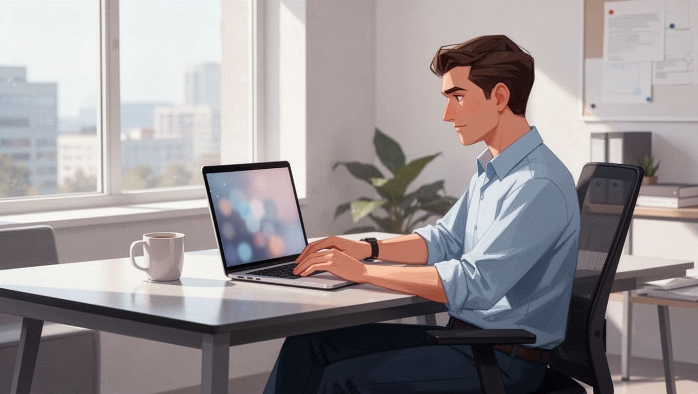 IT admin seated at modern office desk with open laptop showing blurred Google Drive permissions interface and nearby coffee mug.