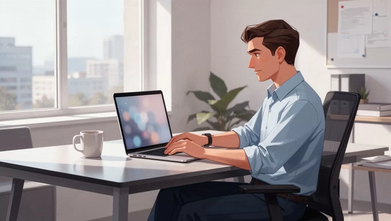 IT admin seated at modern office desk with open laptop showing blurred Google Drive permissions interface and nearby coffee mug.