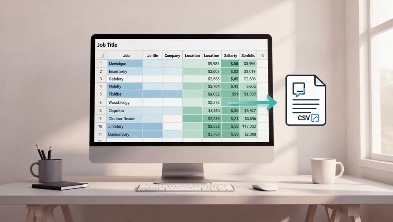 Computer screen shows spreadsheet columns for job titles, companies, locations, salaries with nearby CSV export icon on simple desk.