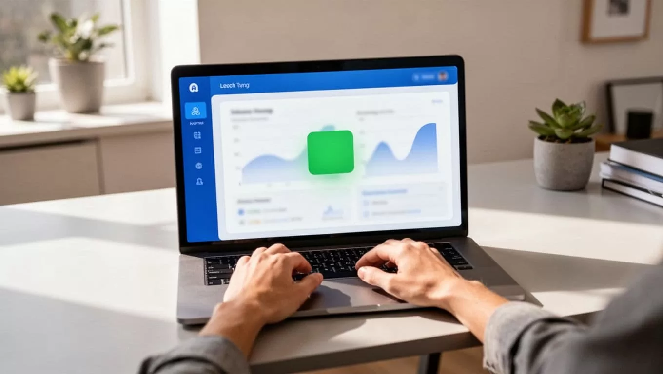Laptop on modern desk in home office displays SaaS dashboard with centered green Connect Stripe button, hands on keyboard.