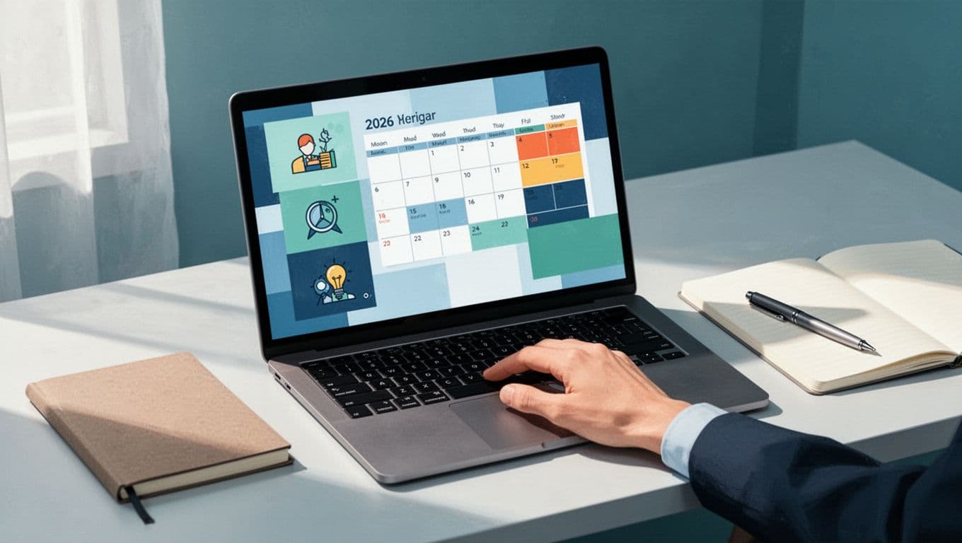 Laptop screen displays simple digital calendar with scheduled posts on clean desk beside notebook, pen, and resting hand.