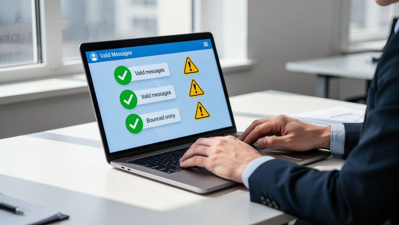 Close-up of laptop screen with checkmarks on valid emails and bounce warnings, hands resting nearby.