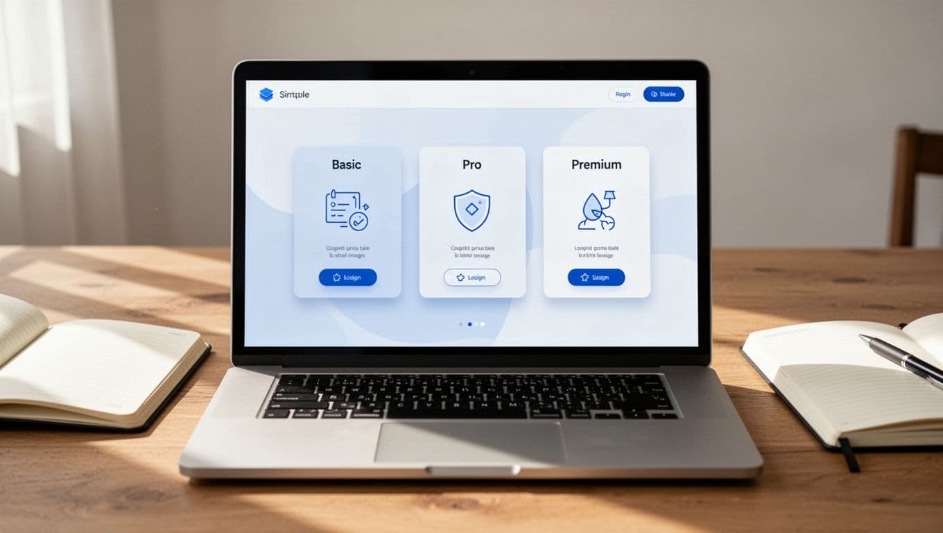 Laptop screen displays three cards with icons for basic, pro, and premium tiers on a desk with notebook.