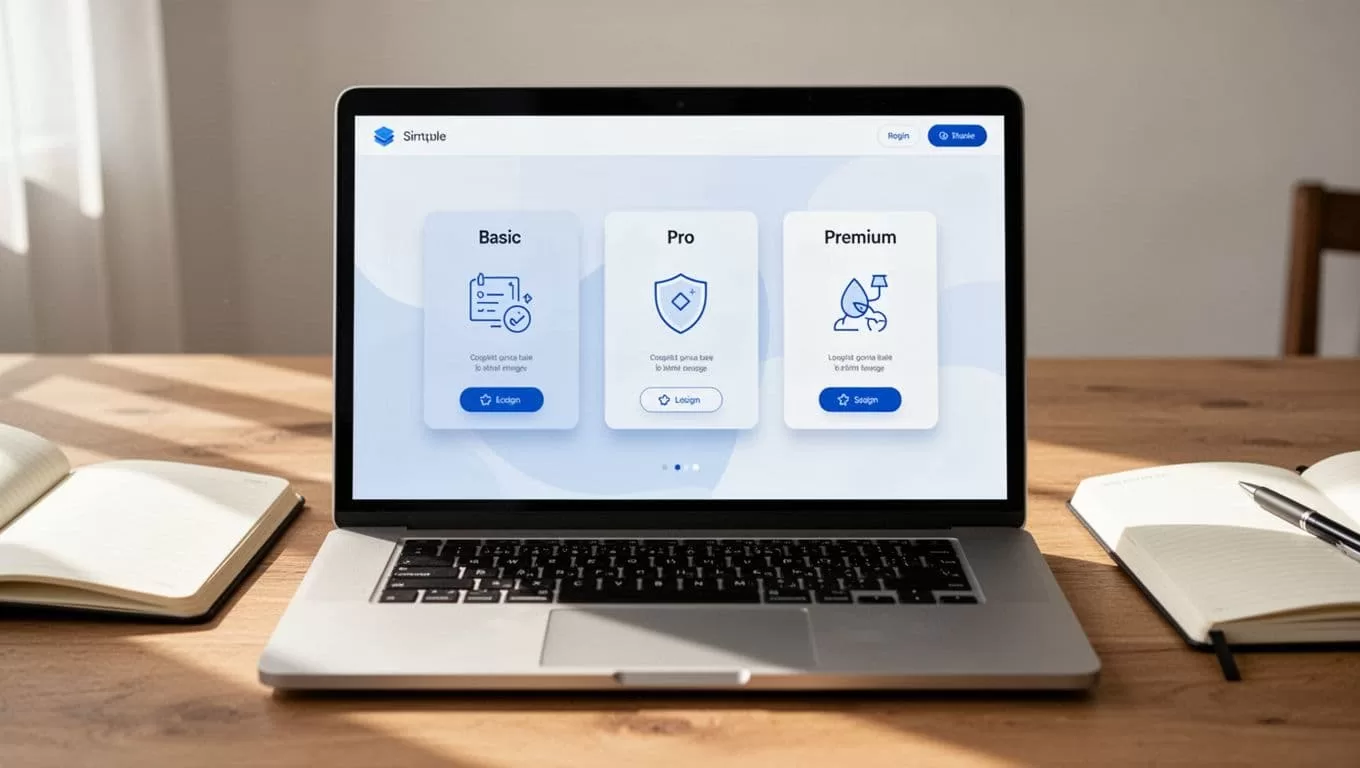 Laptop screen displays three cards with icons for basic, pro, and premium tiers on a desk with notebook.