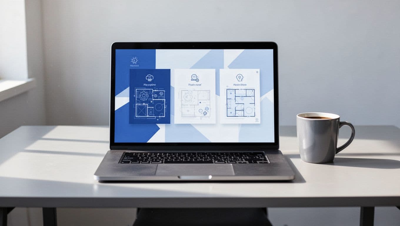 Laptop on desk displays three pricing plan cards with checkmarks, coffee mug nearby.