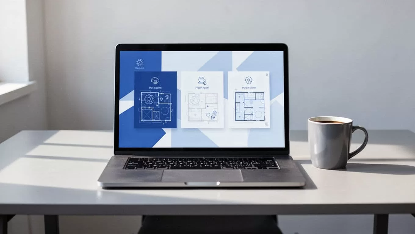 Laptop on desk displays three pricing plan cards with checkmarks, coffee mug nearby.