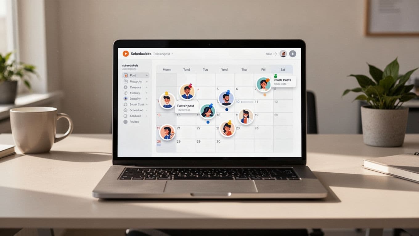 Laptop on office desk displays calendar dashboard with Twitter post icons pinned to dates.