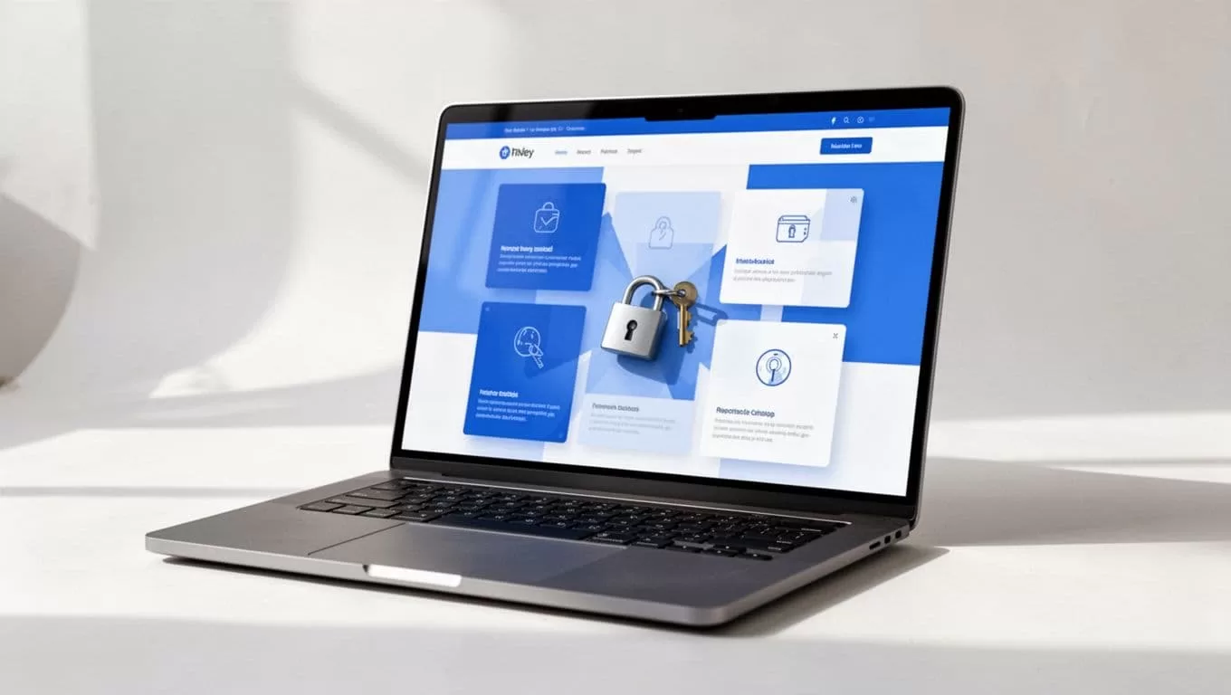 Laptop screen at angle displays website with open sections and paywalled content behind padlock icon.