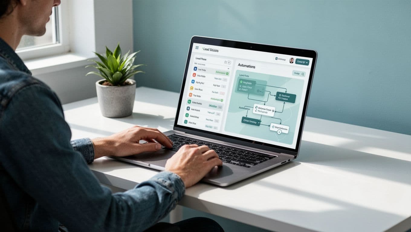 Laptop screen shows abstract lead lists and automation flows in modern office with hands on desk and plant.