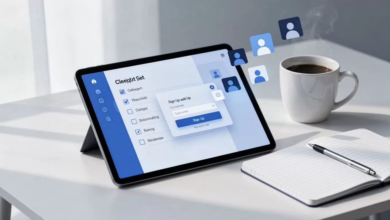 Tablet shows open PDF checklist near subtle email signup form with subscriber icons flowing in minimalist workspace including coffee mug and notebook.