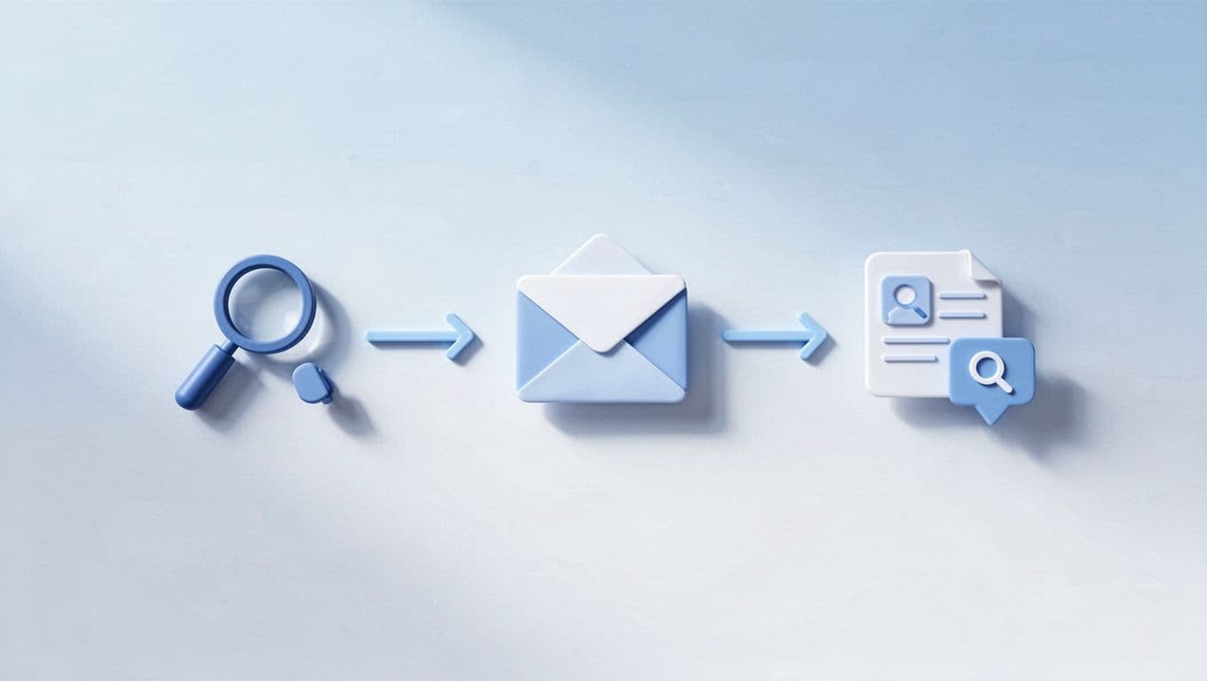 Horizontal diagram with arrows linking icons for LinkedIn search, Twin.so email finder, and outreach email.