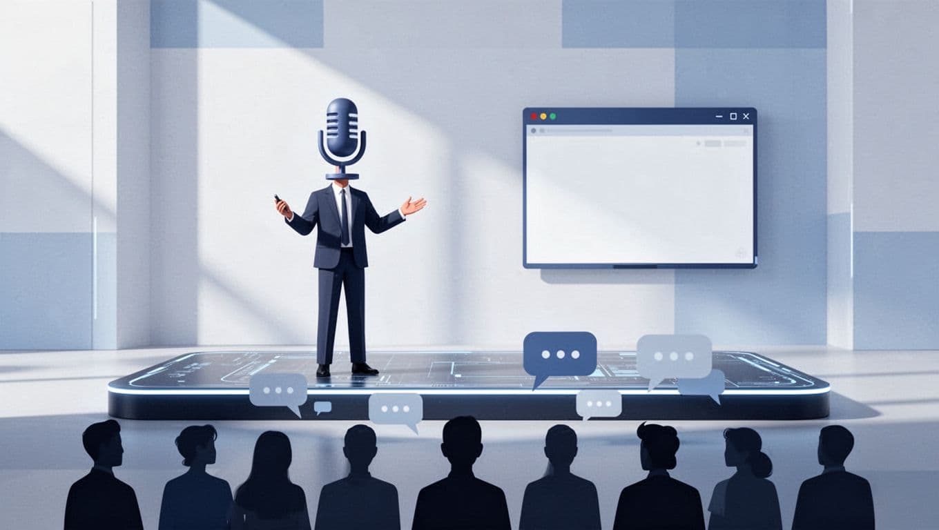 Host on digital stage with microphone leads webinar; participant icons below watch with rising chat bubbles beside screen share panel.